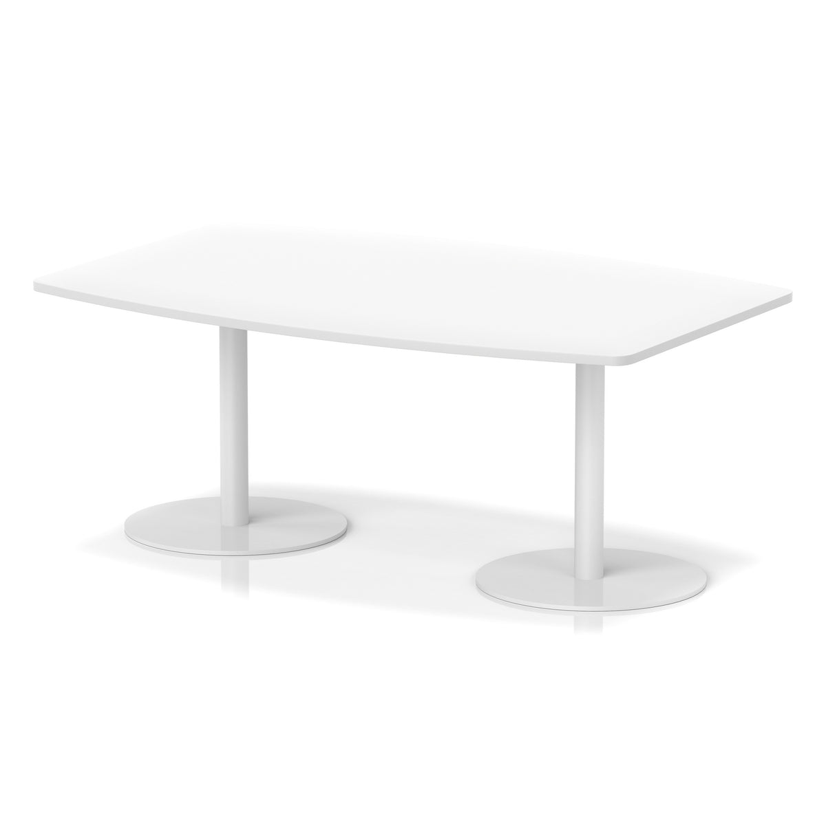 White table with boat-shaped top and metal base on a white background