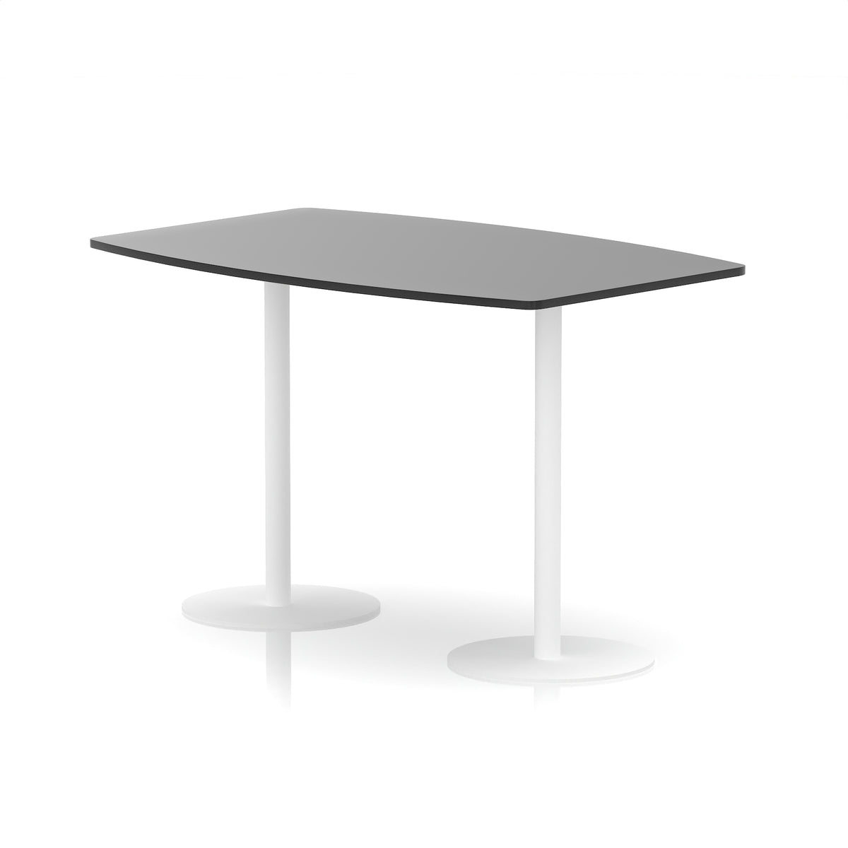 Table with a black boat-shaped top and white base on a white background
