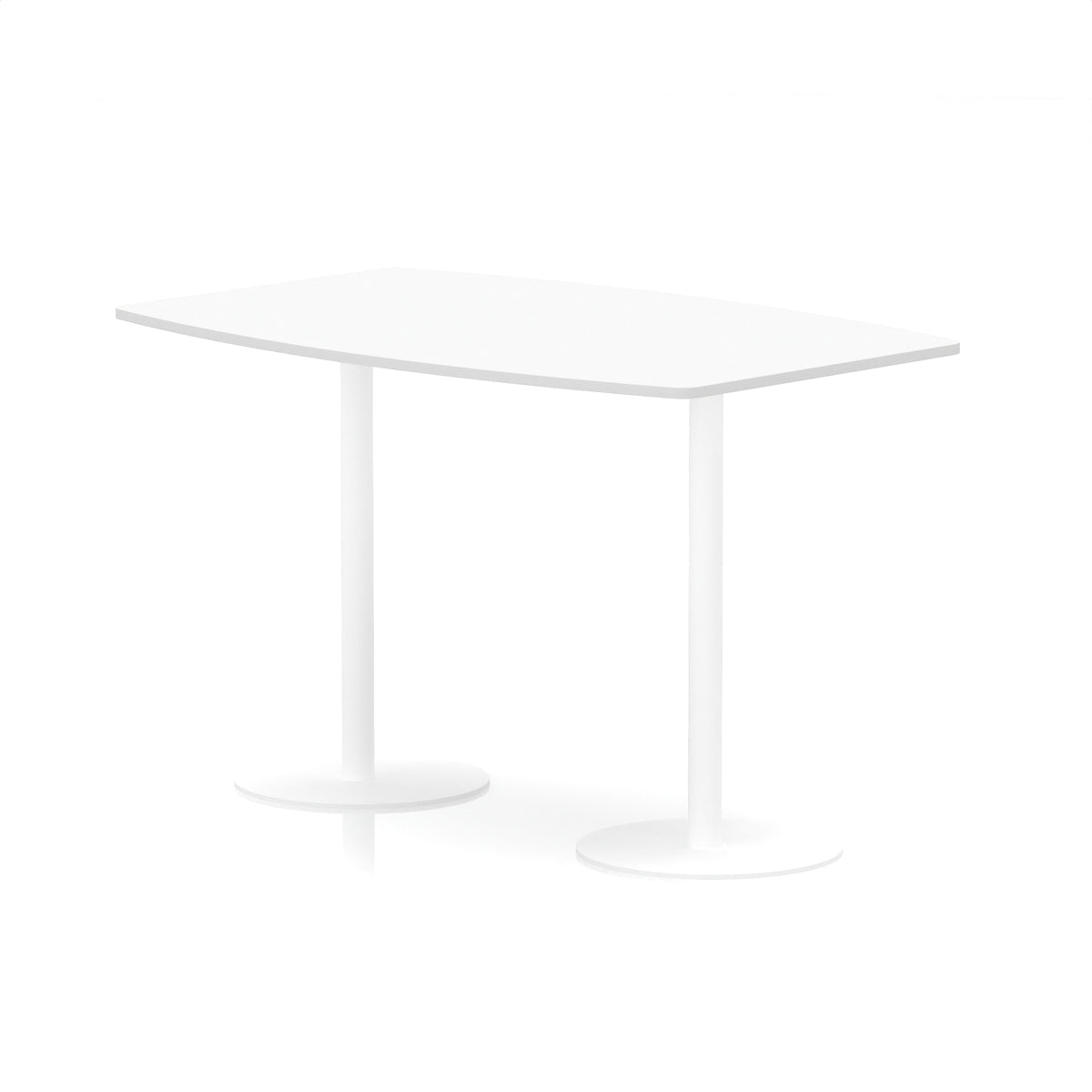 White table with boat-shaped top and metal base on a white background