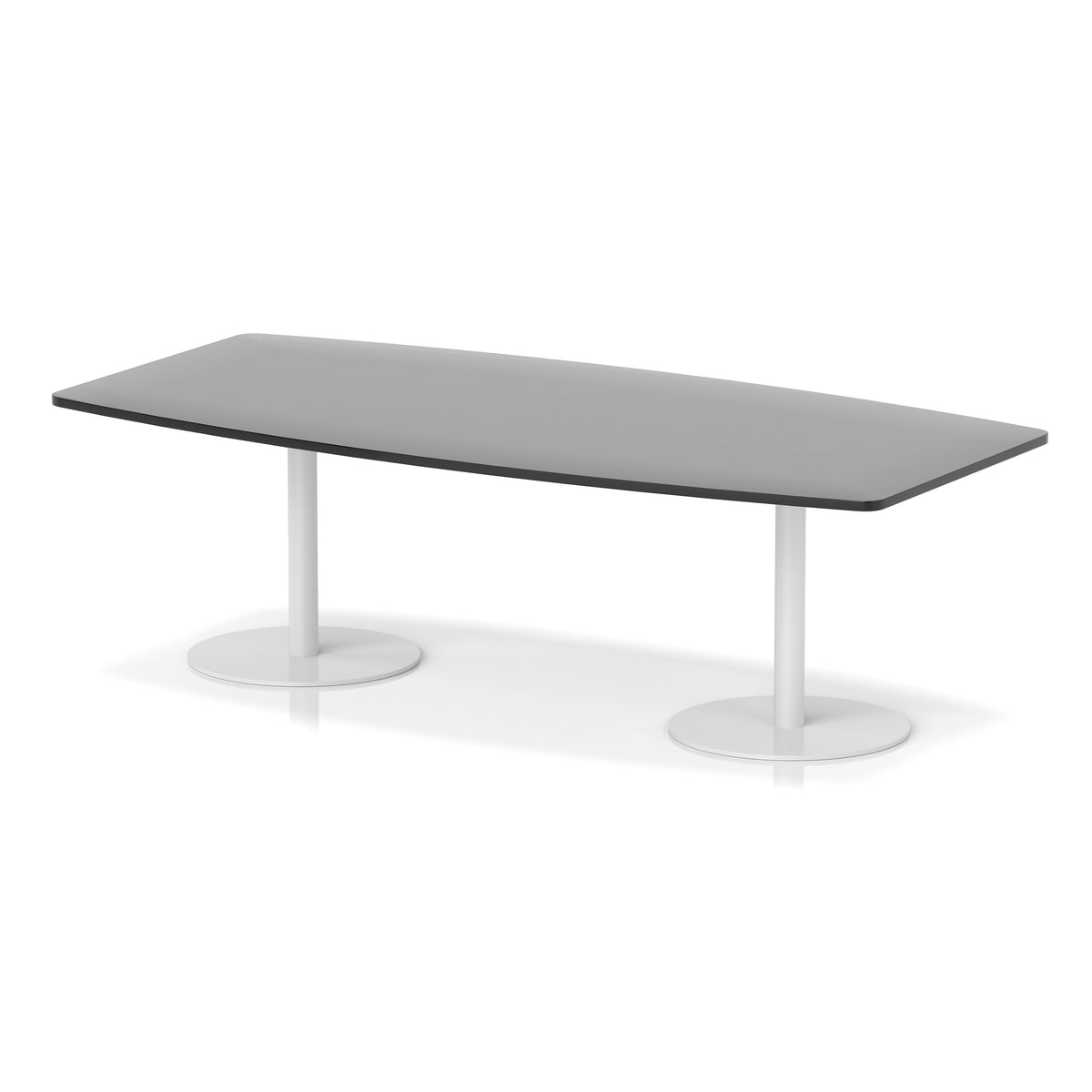 Table with a black boat-shaped top and white base on a white background