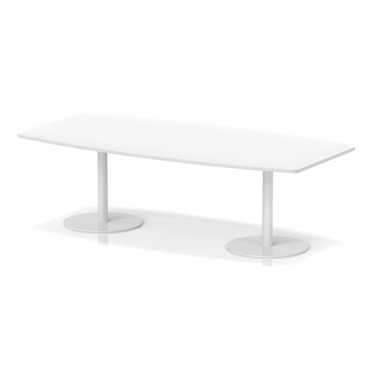 White table with boat-shaped top and metal base on a white background
