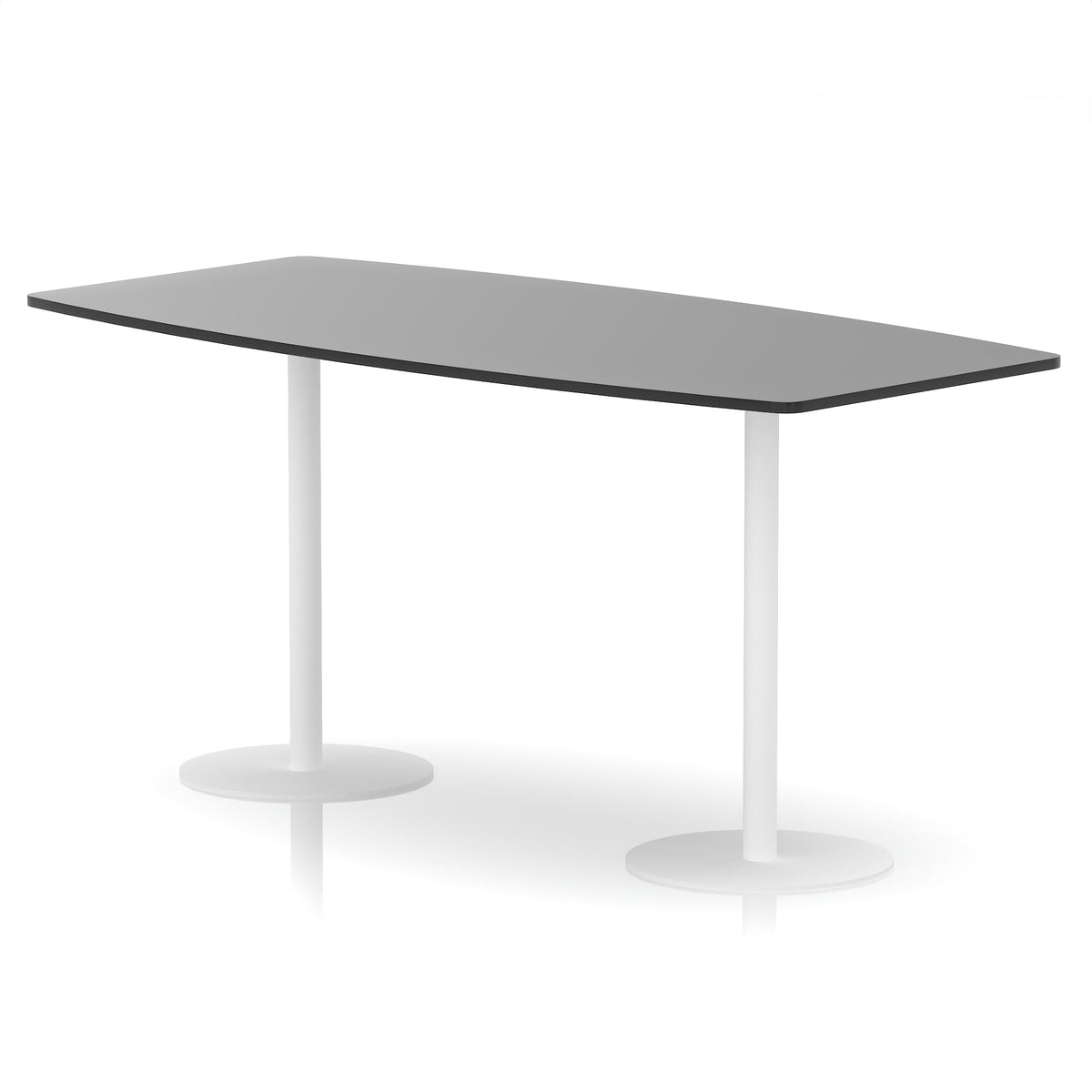 Table with a black boat-shaped top and white base on a white background