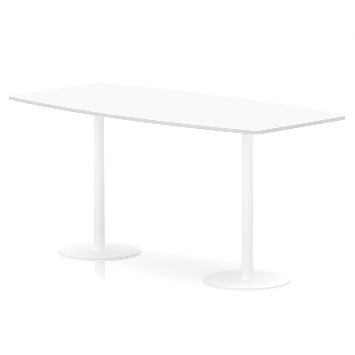 White table with boat-shaped top and metal base on a white background