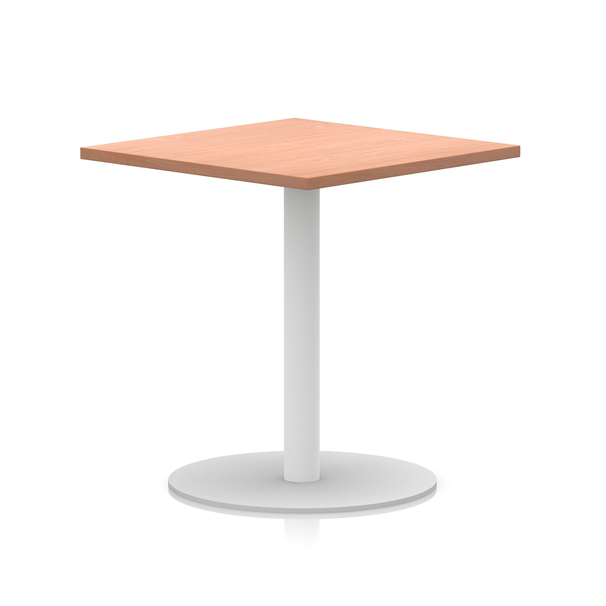 Square table with wood-effect top and white round base on a white background