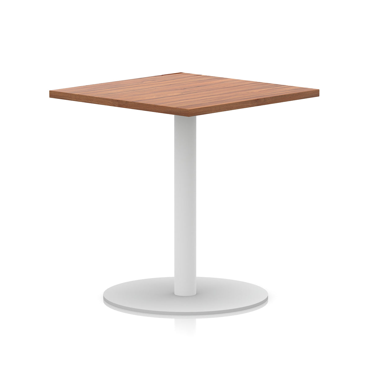 Square table with wood-effect top and white round base on a white background