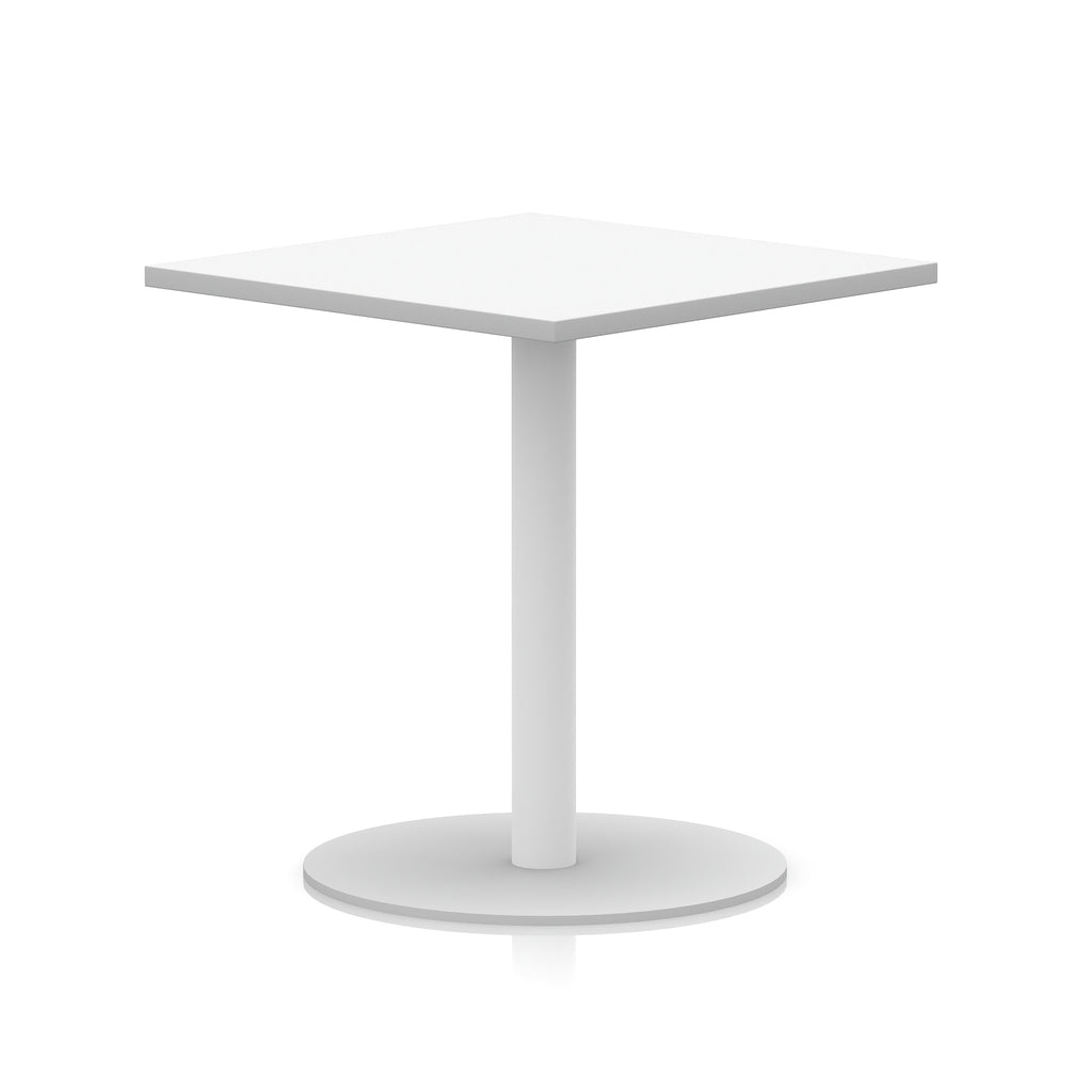 White square table with a round base on a white background