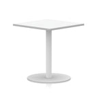 White square table with a round base on a white background
