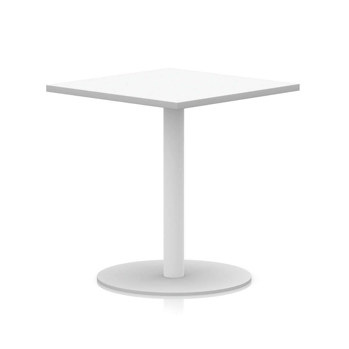 White square table with a round base on a white background