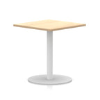 Square table with wood-effect top and white round base on a white background