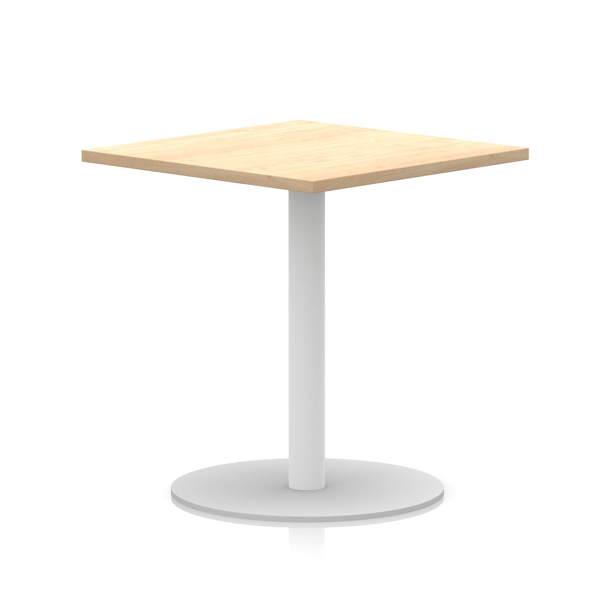 Square table with wood-effect top and white round base on a white background