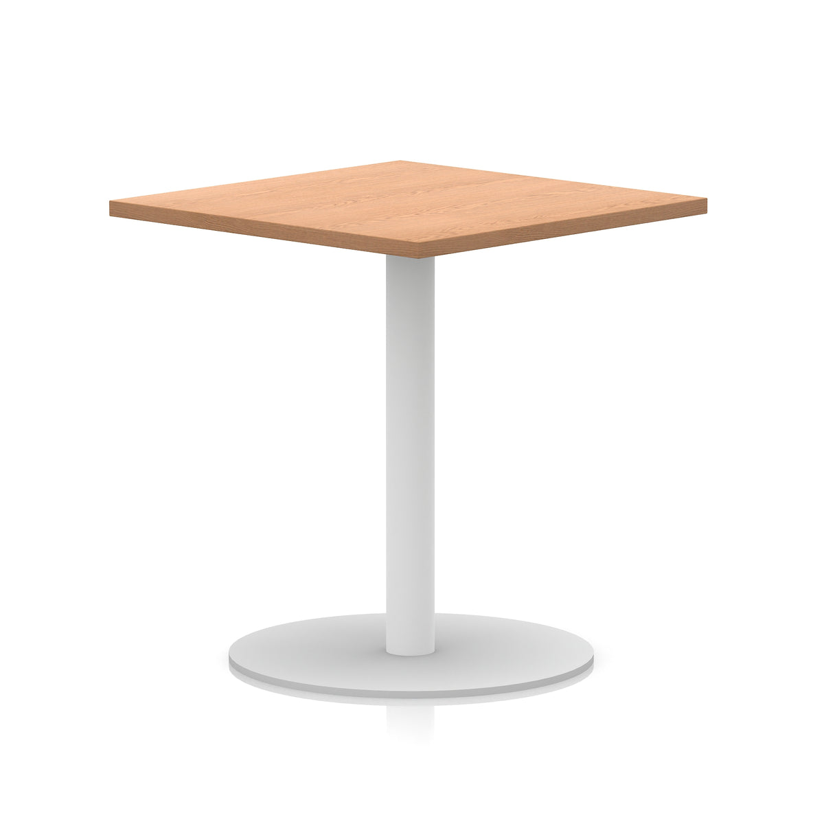 Square table with wood-effect top and white round base on a white background