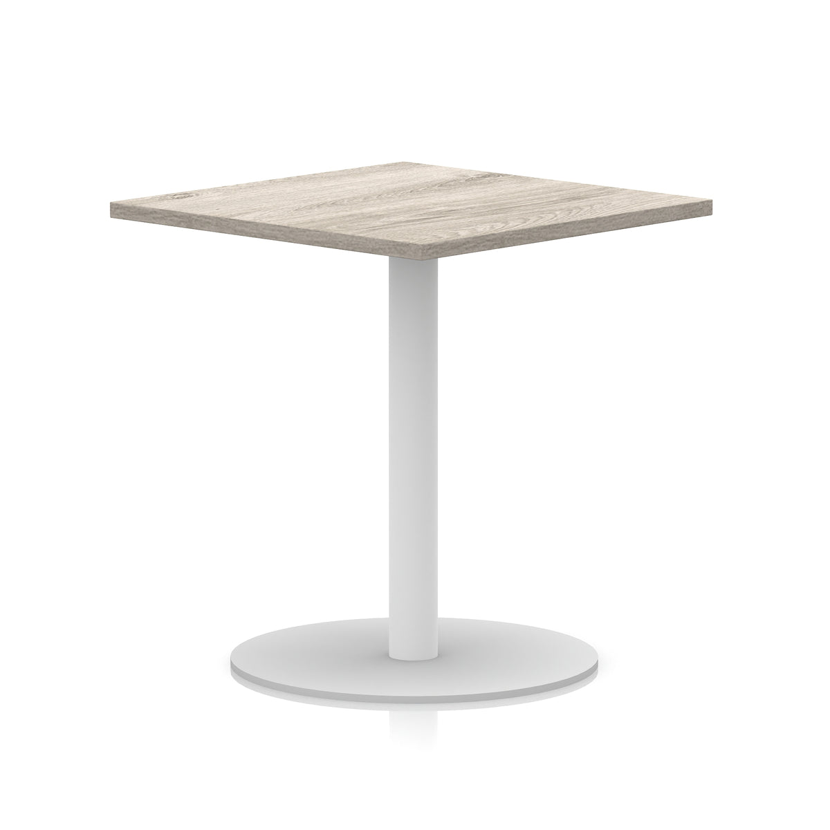 Square table with wood-effect top and white round base on a white background