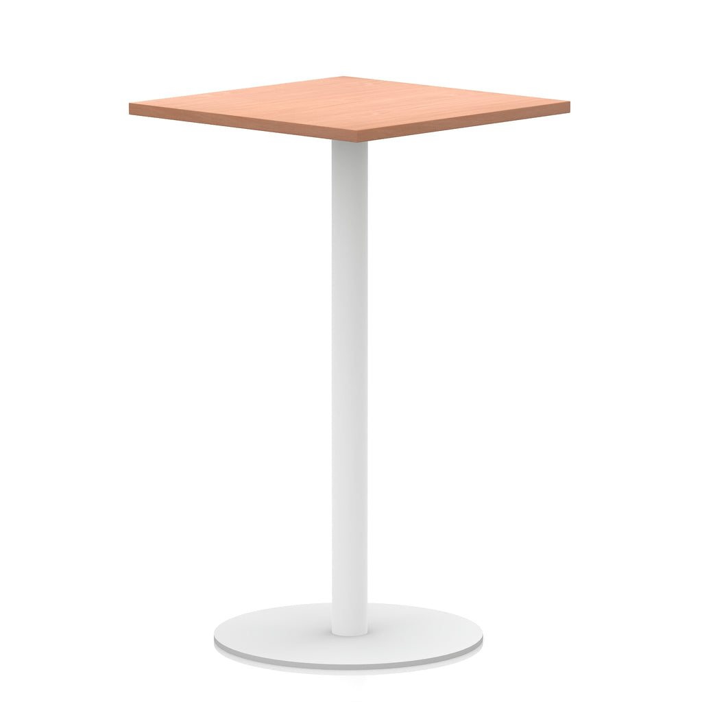 Square table with wood-effect top and white round base on a white background