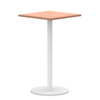 Square table with wood-effect top and white round base on a white background