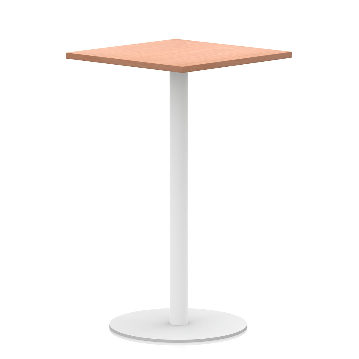 Square table with wood-effect top and white round base on a white background