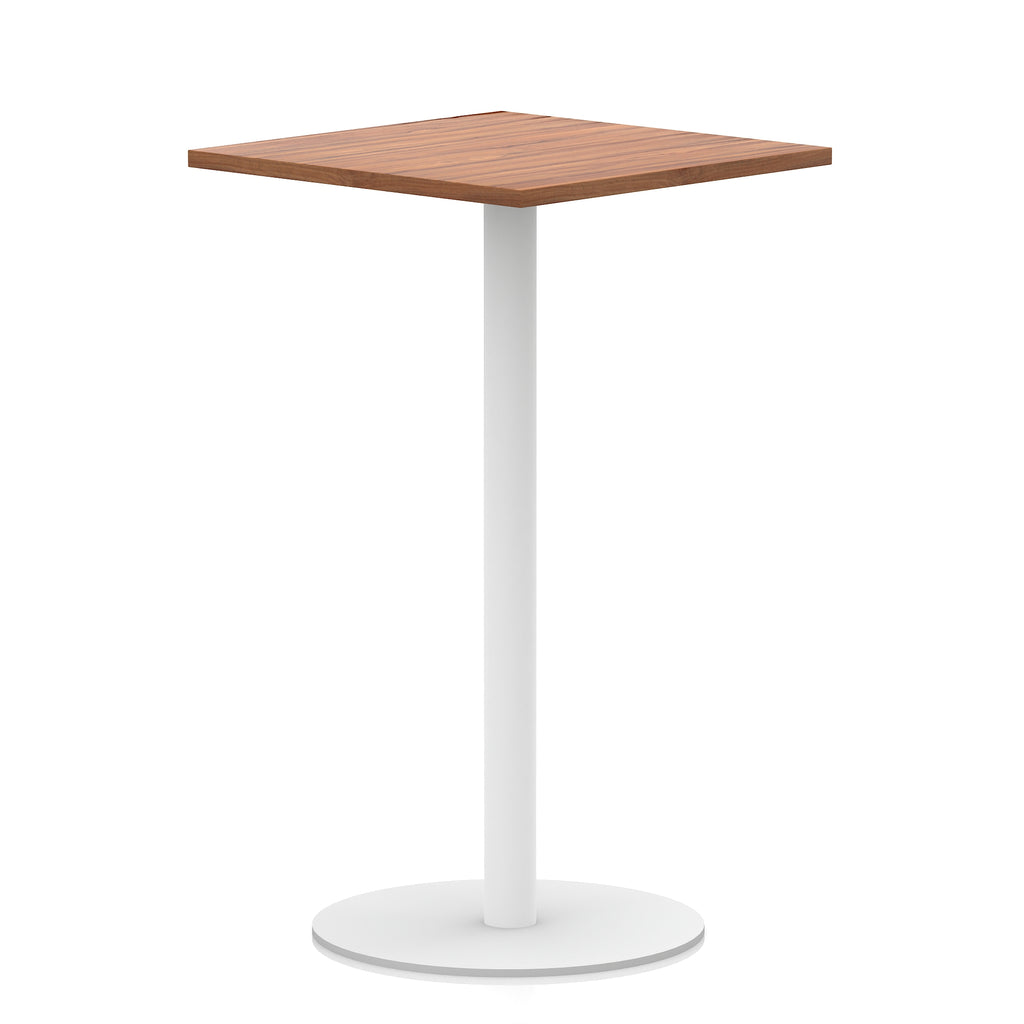 Square table with wood-effect top and white round base on a white background