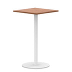 Square table with wood-effect top and white round base on a white background