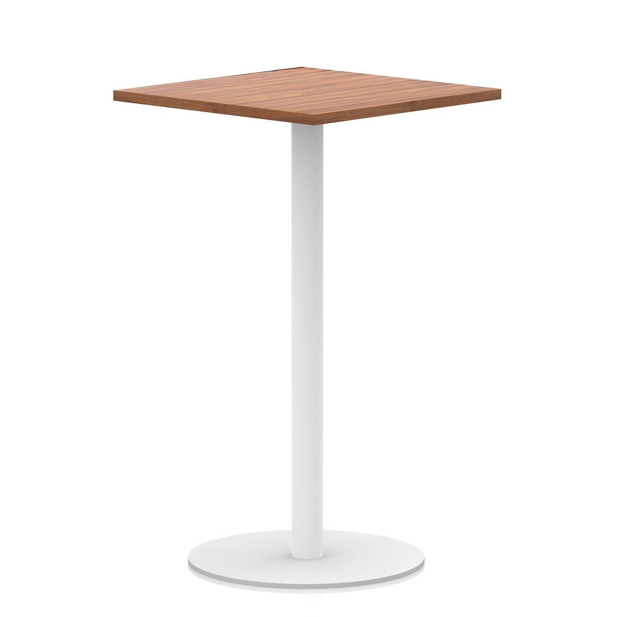 Square table with wood-effect top and white round base on a white background