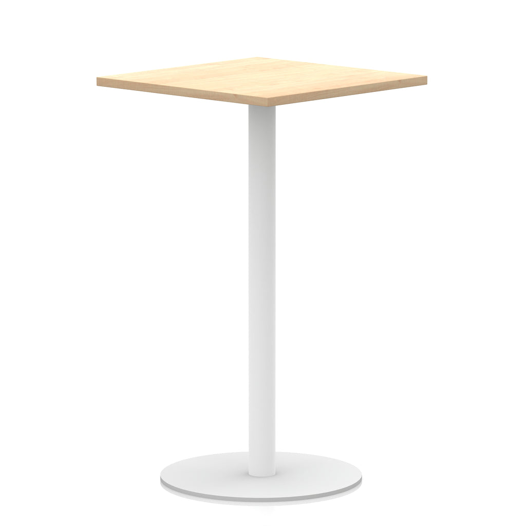 Square table with wood-effect top and white round base on a white background