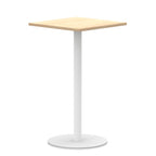 Square table with wood-effect top and white round base on a white background