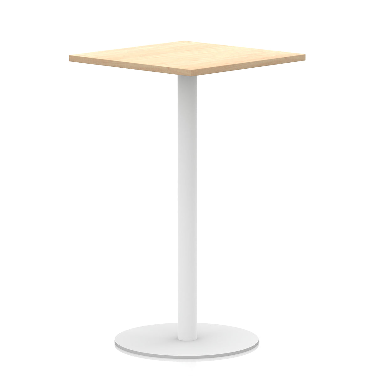 Square table with wood-effect top and white round base on a white background