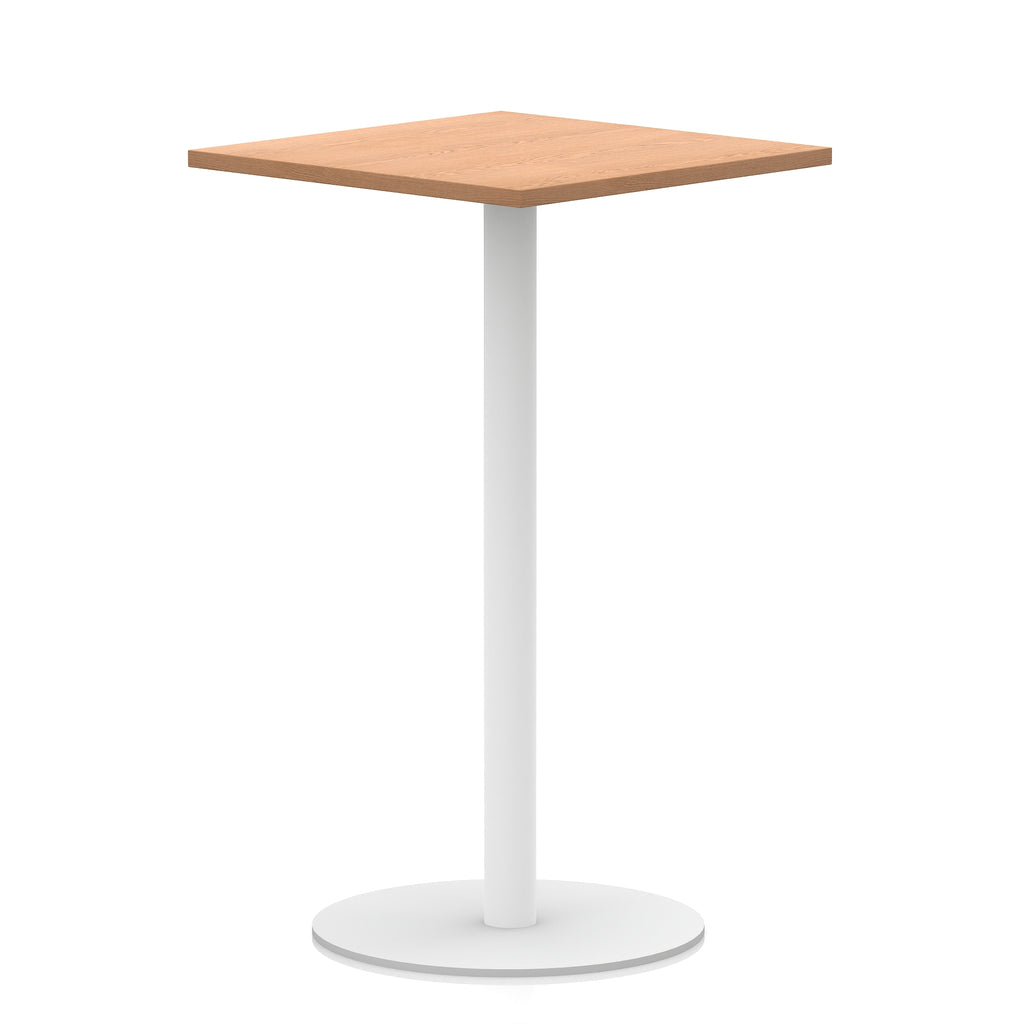 Square table with wood-effect top and white round base on a white background