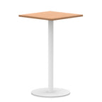 Square table with wood-effect top and white round base on a white background