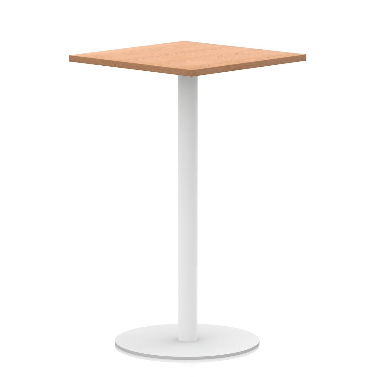 Square table with wood-effect top and white round base on a white background