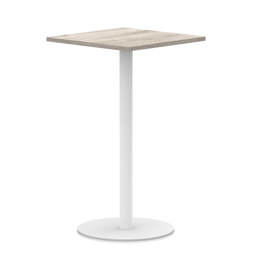 Square table with wood-effect top and white round base on a white background