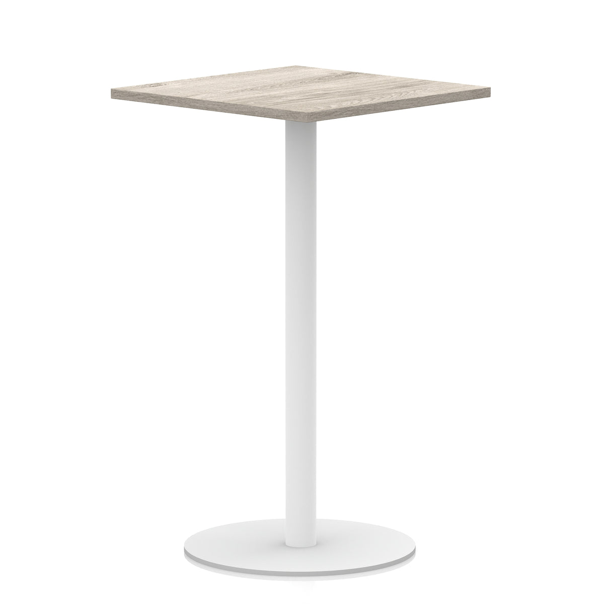 Square table with wood-effect top and white round base on a white background