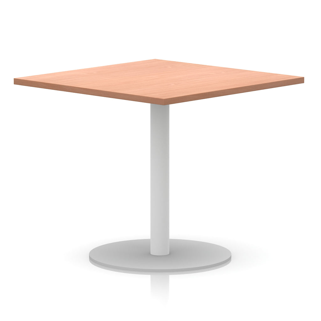 Square table with wood-effect top and white round base on a white background
