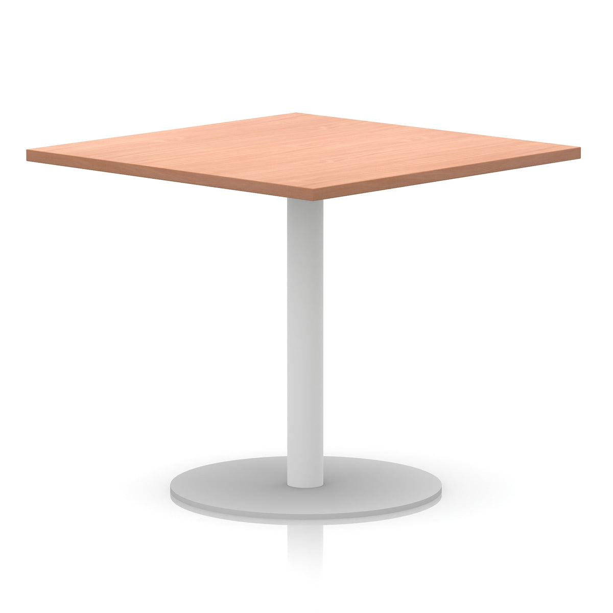 Square table with wood-effect top and white round base on a white background