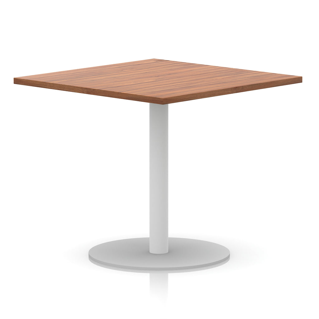 Square table with wood-effect top and white round base on a white background