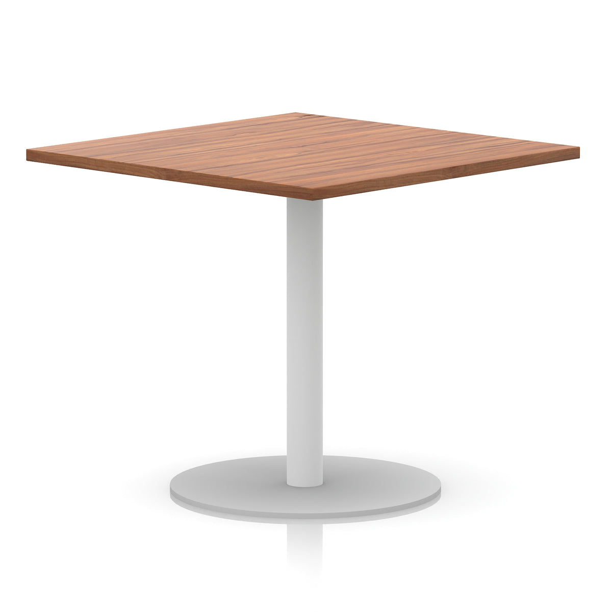 Square table with wood-effect top and white round base on a white background