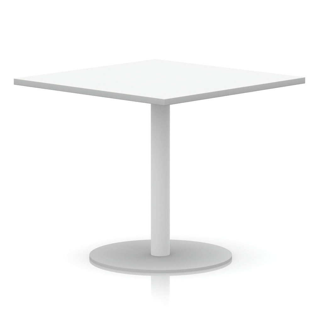 White square table with a round base on a white background