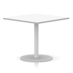 White square table with a round base on a white background