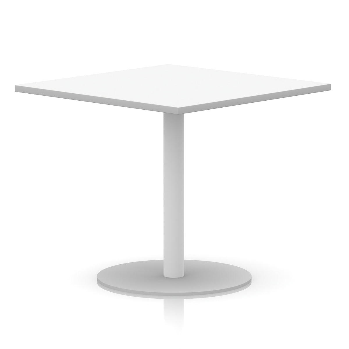 White square table with a round base on a white background