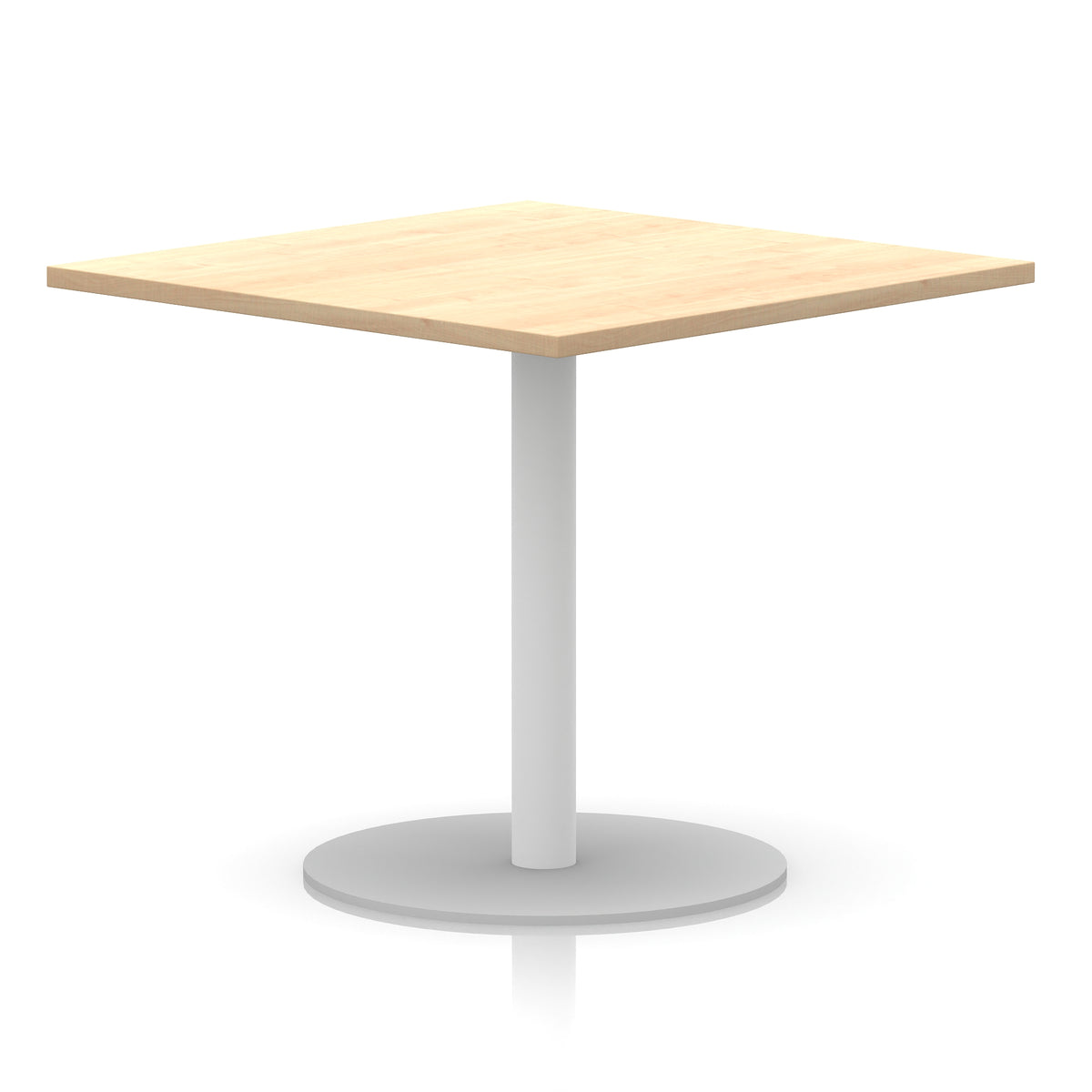 Square table with wood-effect top and white round base on a white background