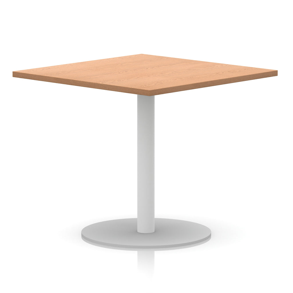 Square table with wood-effect top and white round base on a white background