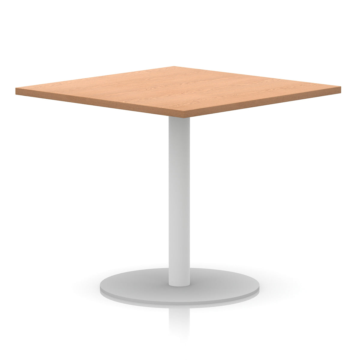 Square table with wood-effect top and white round base on a white background