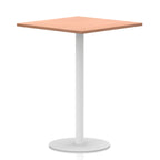 Square table with wood-effect top and white round base on a white background