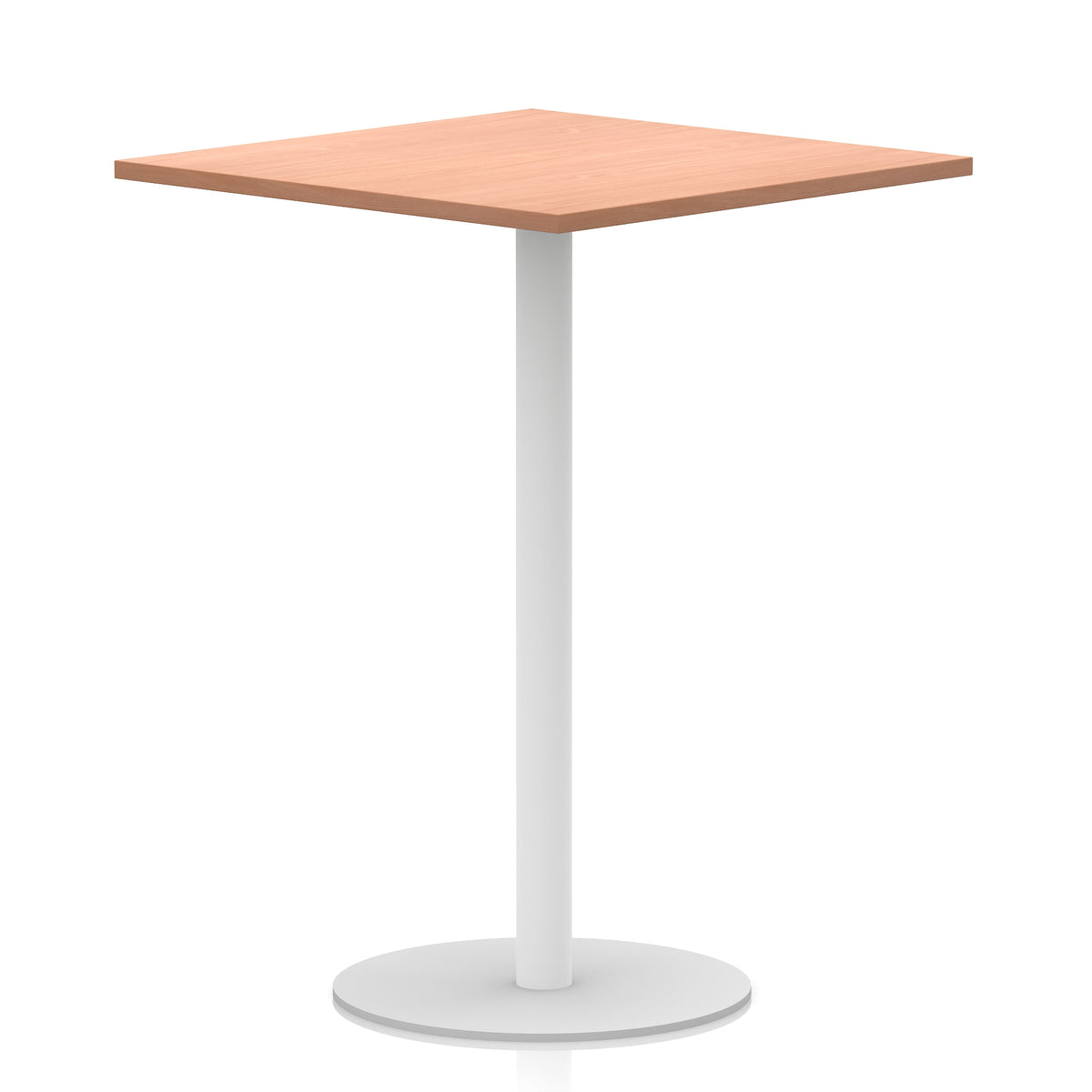 Square table with wood-effect top and white round base on a white background