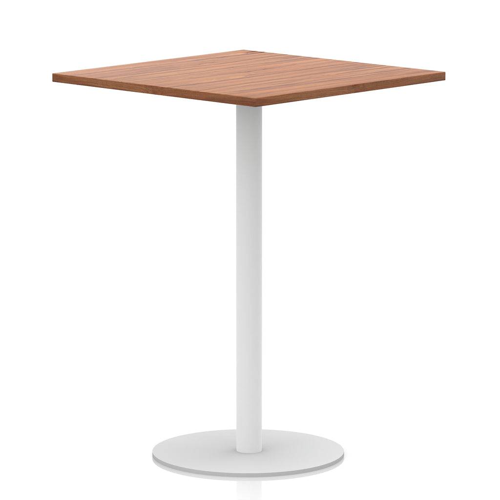 Square table with wood-effect top and white round base on a white background