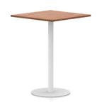 Square table with wood-effect top and white round base on a white background