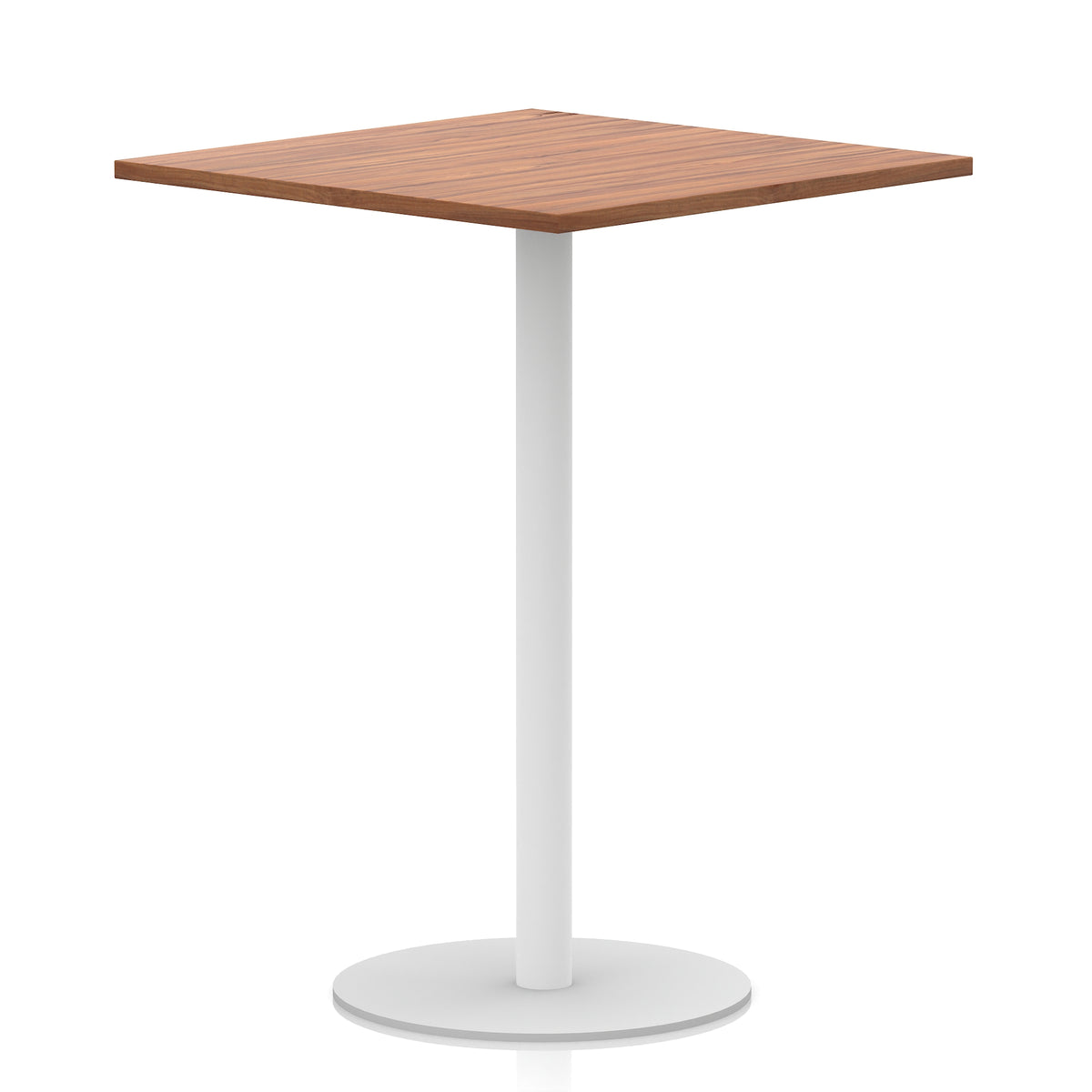 Square table with wood-effect top and white round base on a white background