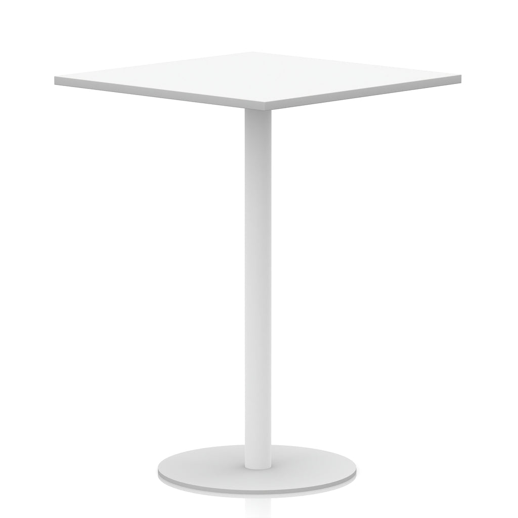 White square table with metal round base on a white background