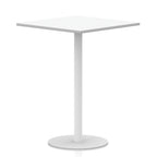 White square table with metal round base on a white background