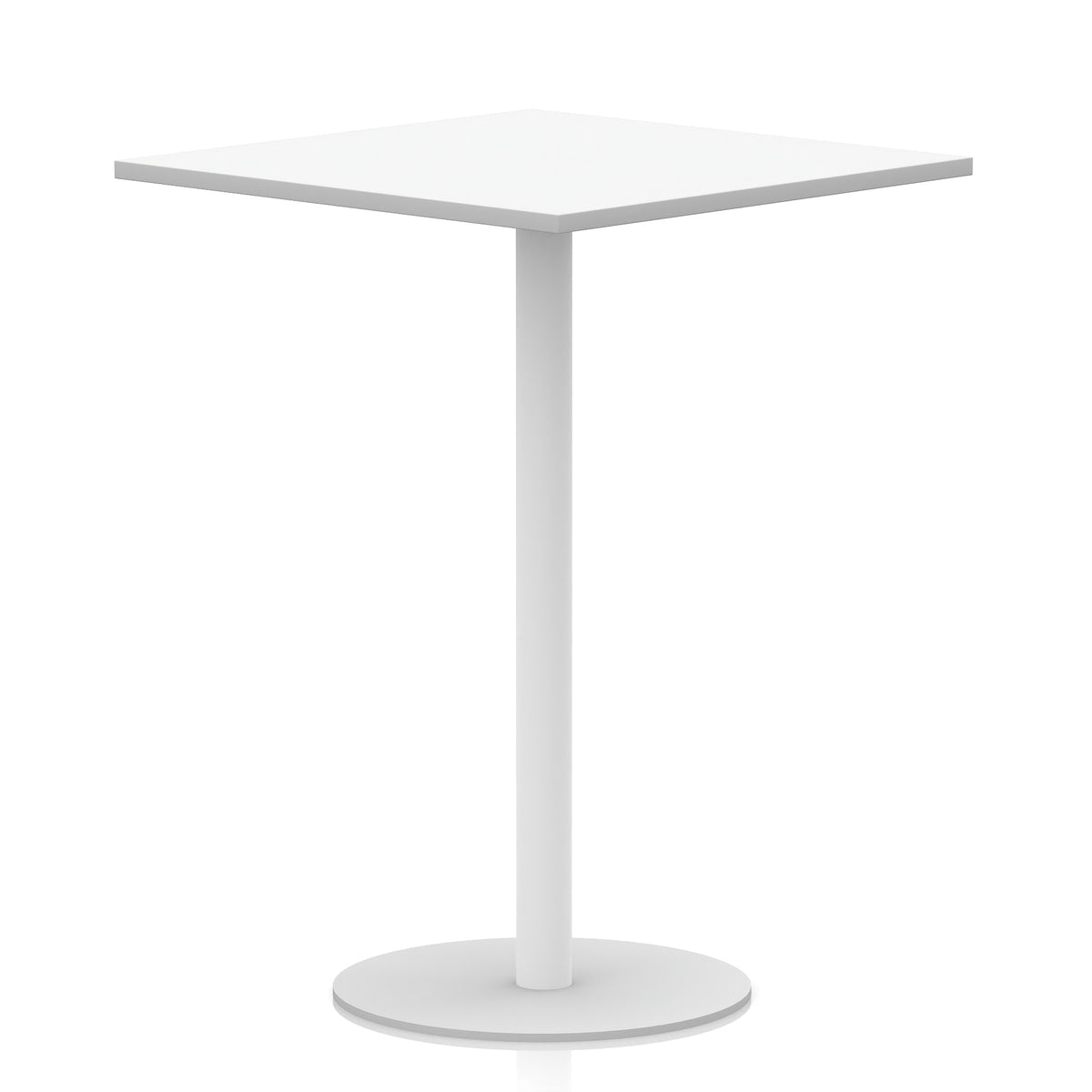 White square table with metal round base on a white background
