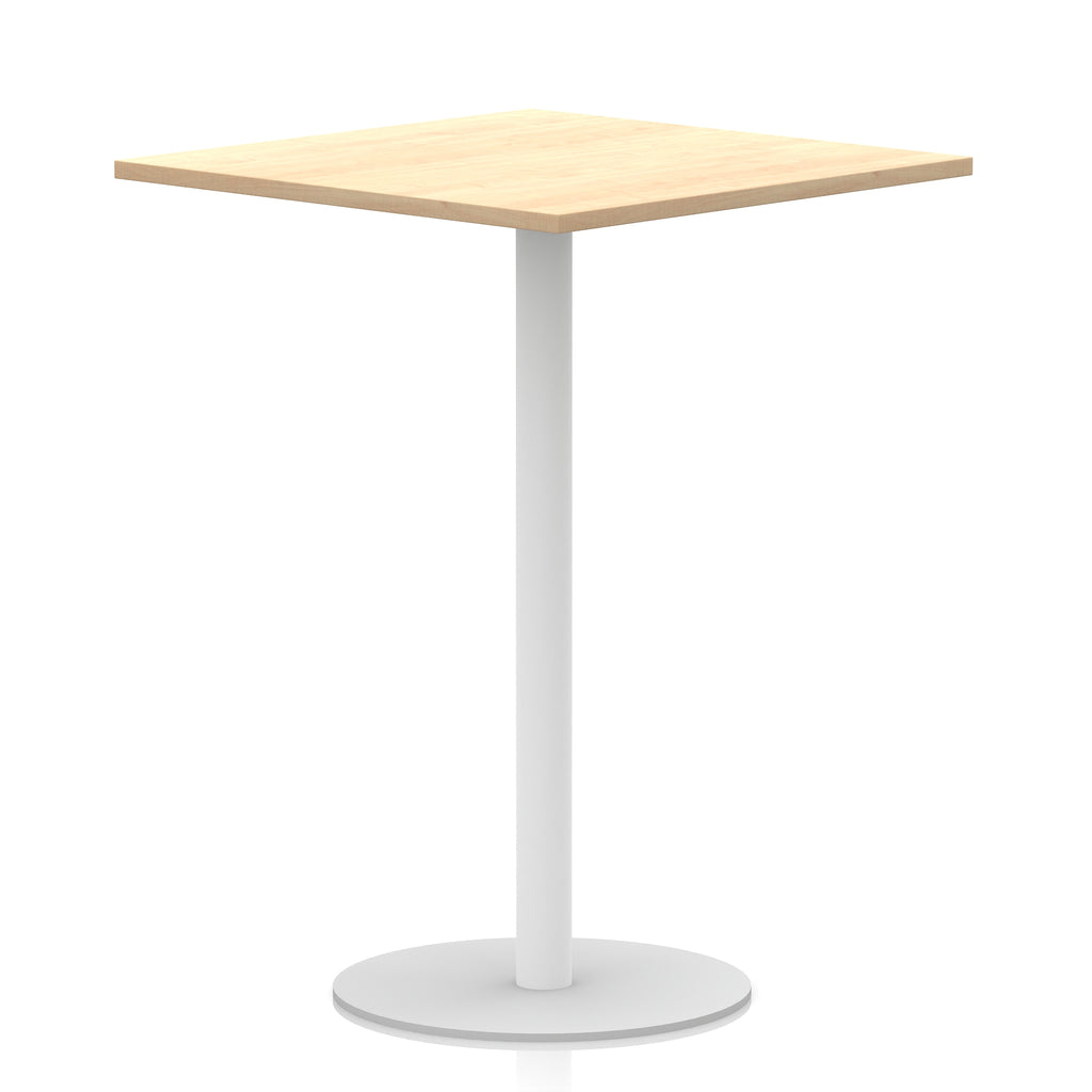 Square table with wood-effect top and white round base on a white background