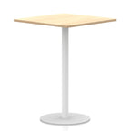 Square table with wood-effect top and white round base on a white background